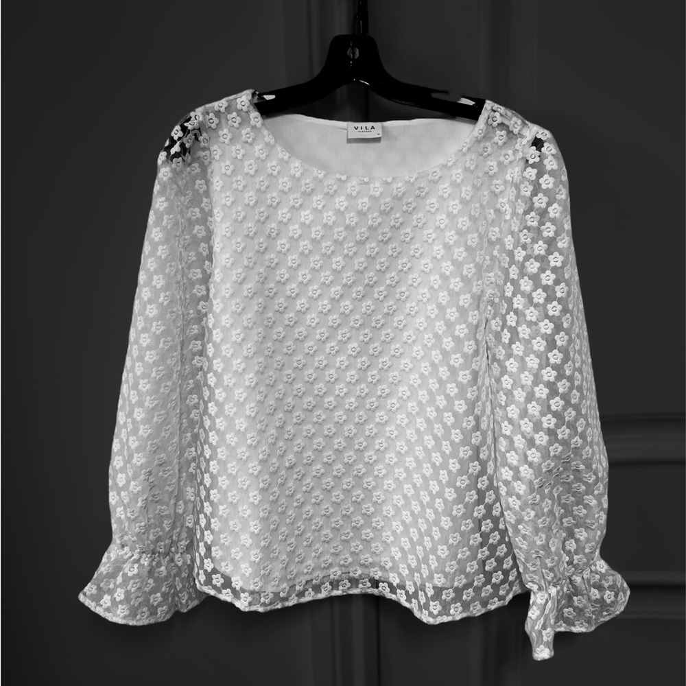 Women’s VILA White see through long sleeve embroidered floral top
